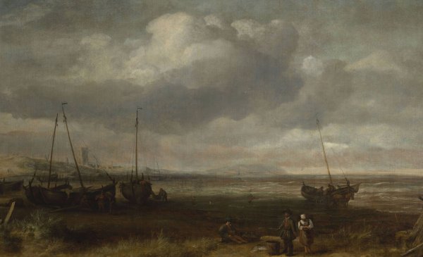 Seaside in Scheveningen with fishing boats by Simon De Vlieger - Hand-Painted Oil Painting Reproduction
