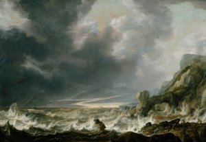 Ship in Distress off a Rocky Coast by Simon De Vlieger Oil Painting