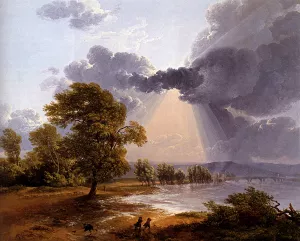 A River Landscape With an Approaching Storm, Figures Running In the Foreground painting by Simon Dennis