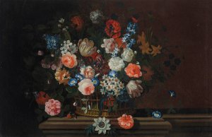 Flowers in a wicker basket on a stone ledge by Simon Hardime Oil Painting