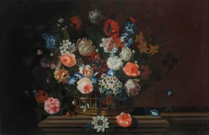 Flowers in a wicker basket on a stone ledge by Simon Hardime Oil Painting