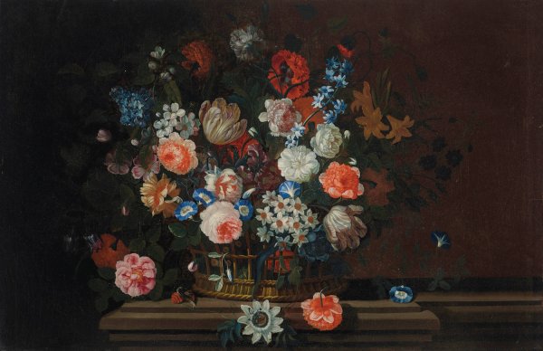 Main Product Photo of Flowers in a wicker basket on a stone ledge Painting by Simon Hardime