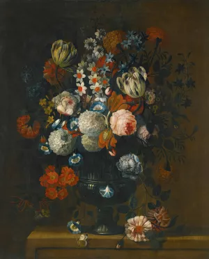 Still Life Of Roses, Variegated Tulips, Peonies, Daffodils And Other Flowers In A Sculpted Vase by Simon Hardime Oil Painting