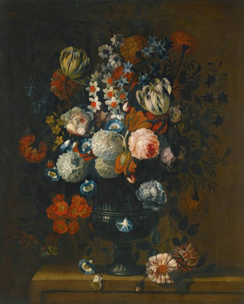 Main Product Photo of Still Life Of Roses, Variegated Tulips, Peonies, Daffodils And Other Flowers In A Sculpted Vase Painting by Simon Hardime