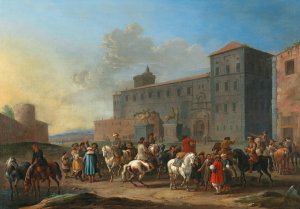 A horse market at the Piazza del Quirinale, Rome by Simon Johannes Van Douw Oil Painting