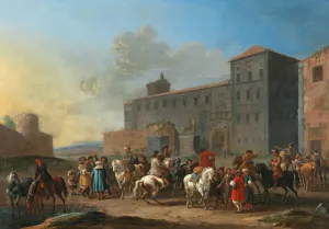 A horse market at the Piazza del Quirinale, Rome by Simon Johannes Van Douw Oil Painting