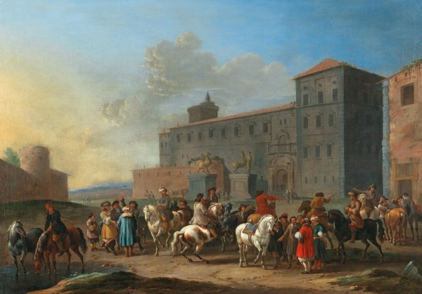 Main Product Photo of A horse market at the Piazza del Quirinale, Rome Painting by Simon Johannes Van Douw