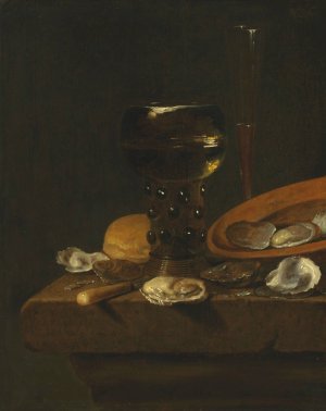 A prunted roemer of sweet wine and red wine in a facon-de-Venise glass, with oysters in an overturned dish and bread, on a ledge by Simon Luttichuys Oil Painting