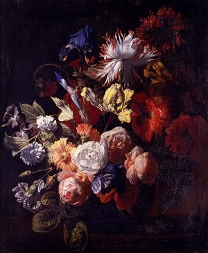 Still Life of Irises, Poppies, Roses, Tulips, Peonies, Snowballs and Other Flowers in a Vase on a Stone Ledge
