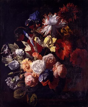 Still Life of Irises, Poppies, Roses, Tulips, Peonies, Snowballs and Other Flowers in a Vase on a Stone Ledge painting by Simon Pietersz Verelst