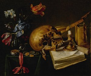 A still life with a skull, a music book, a snuffed-out candle, a bouquet of dying flowers and other vanitas objects on a table by Simon Renard De Saint-Andre Oil Painting
