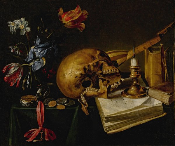 A still life with a skull, a music book, a snuffed-out candle, a bouquet of dying flowers and other vanitas objects on a table by Simon Renard De Saint-Andre - Hand-Painted Oil Painting Reproduction