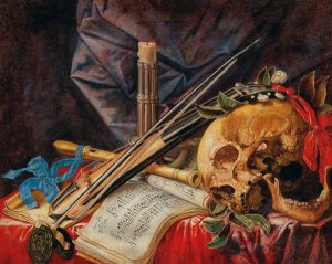 A Vanitas still life with a viol, a clarinet, a skull, a sheet of music and a candle by Simon Renard De Saint-Andre Oil Painting