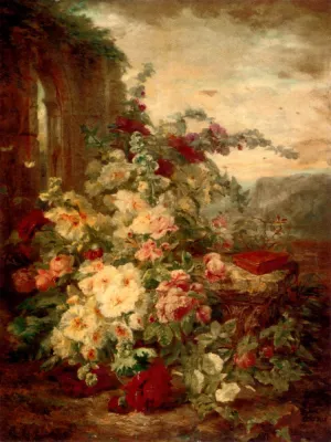 A Book on a Plinth by a Rose Bush at the Ruins painting by Simon Saint-Jean