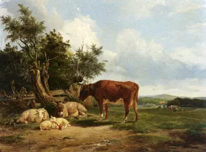 An Extensive Landscape with Cattle Resting by Simon Van Den Berg Oil Painting
