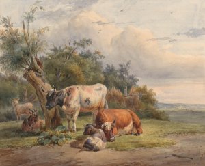 Landschap met vee bij een boom by Simon Van Den Berg Oil Painting