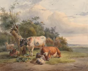 Landschap met vee bij een boom by Simon Van Den Berg Oil Painting