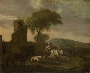 Italian Landscape with Shepherdess and Flocks by Simon Van Der Does Oil Painting