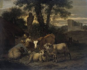 Italian Landscape with Shepherdess and Flocks by Simon Van Der Does Oil Painting