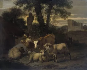 Italian Landscape with Shepherdess and Flocks Oil painting by Simon Van Der Does