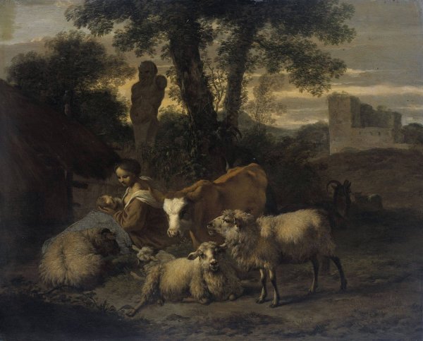 Main Product Photo of Italian Landscape with Shepherdess and Flocks  Painting by Simon Van Der Does