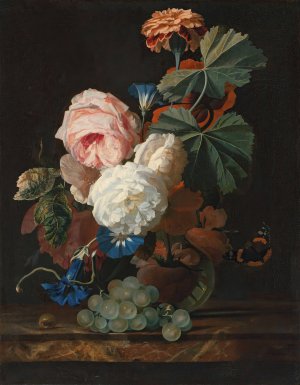 Roses, columbine, and poppies in a glass vase on a marble ledge with some grapes by Simon Verelst Oil Painting