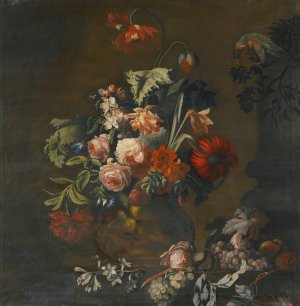 Still Life Of Roses, Variegated Tulips, Peonies And Other Flowers In A Sculpted Vase, Together With Grapes And A Macaw by Simon Verelst Oil Painting