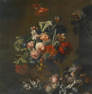 Still Life Of Roses, Variegated Tulips, Peonies And Other Flowers In A Sculpted Vase, Together With Grapes And A Macaw by Simon Verelst Oil Painting