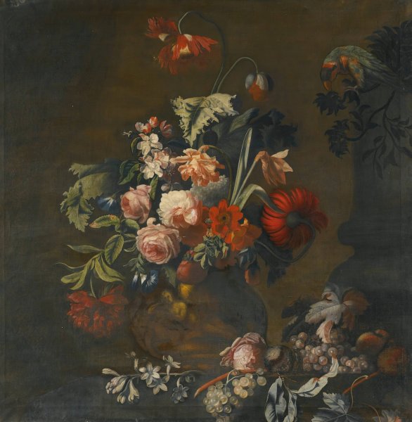 Still Life Of Roses, Variegated Tulips, Peonies And Other Flowers In A Sculpted Vase, Together With Grapes And A Macaw by Simon Verelst - Hand-Painted Oil Painting Reproduction