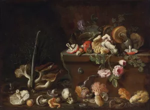 Still Life With Mushrooms And Flowers by Simone Del Tintore Oil Painting