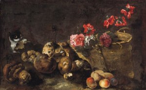 Still Life With Mushrooms, Fruit, A Basket Of Flowers And A Cat by Simone Del Tintore Oil Painting
