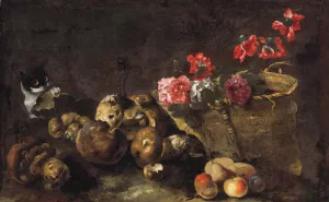 Still Life With Mushrooms, Fruit, A Basket Of Flowers And A Cat by Simone Del Tintore Oil Painting