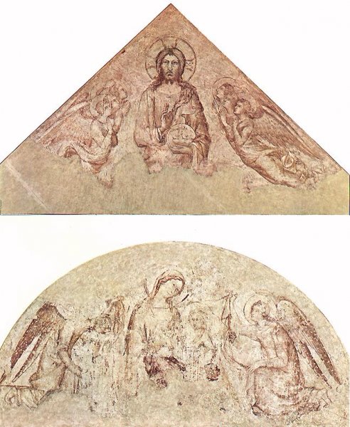 Main Product Photo of Saviour Blessing tympanum and Madonna of Humility lunette Painting by Simone Martini