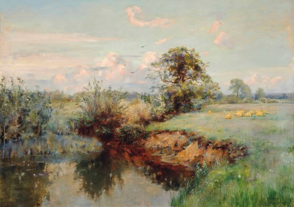 Grazing Sheep, Summer  by Sir Alfred East - Hand-Painted Oil Painting Reproduction