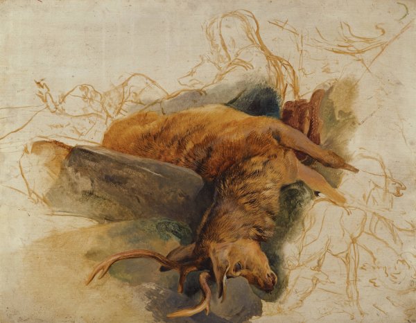 A Dead Stag, With Sketched Figures Of A Ghillie And Hounds by Sir Edwin Henry Landseer - Hand-Painted Oil Painting Reproduction