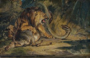 Lion Defending its Prey by Sir Edwin Henry Landseer Oil Painting