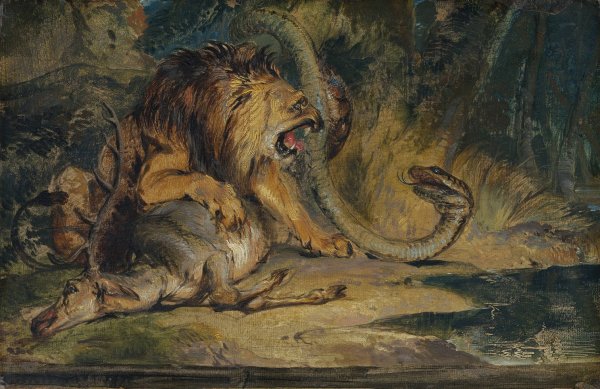 Lion Defending its Prey  by Sir Edwin Henry Landseer - Hand-Painted Oil Painting Reproduction