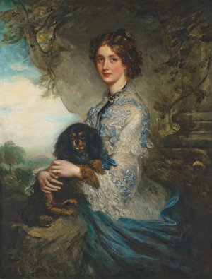Portrait of Lady Alice Peel, holding a King Charles spaniel on her lap by Sir Francis Grant Oil Painting