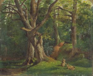 Woodland scene with rabbits by Sir Hubert Von Herkomer Oil Painting
