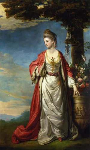 Mrs. Trecothick, Full Length, in 'Turkish' Masquerade Dress, Beside an Urn of Flowers, in a Landscape by Sir Joshua Reynolds - Oil Painting Reproduction