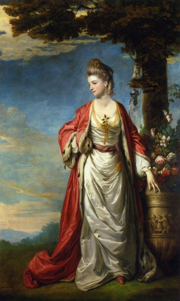 Mrs. Trecothick, Full Length, in 'Turkish' Masquerade Dress, Beside an Urn of Flowers, in a Landscape