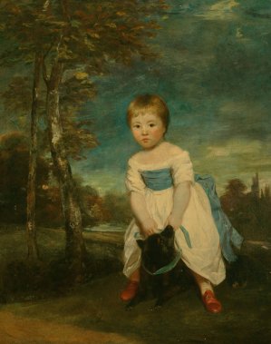 Portrait of Master William Cavendish, standing astride a black dog, in a landscape by Sir Joshua Reynolds Oil Painting