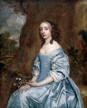 Portrait of a Lady in Blue holding a Flower by Sir Peter Lely Oil Painting