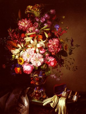 Still Life with a Vase of Flowers and Opera Glasses by Snr Brunner Oil Painting
