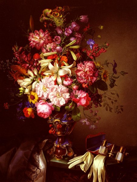Still Life with a Vase of Flowers and Opera Glasses by Snr Brunner - Hand-Painted Oil Painting Reproduction