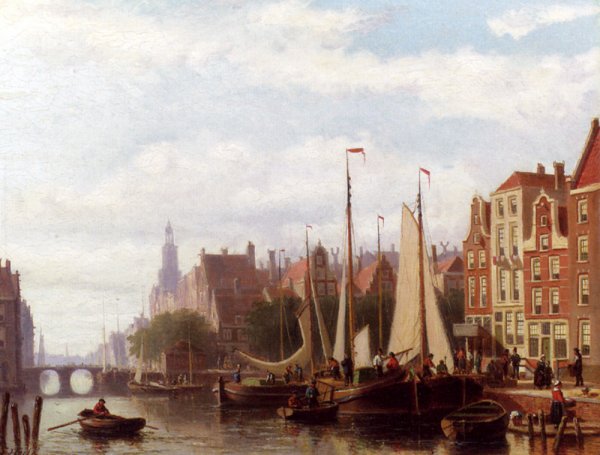 Main Product Photo of A Busy Day On The Canal Painting by Abraham Hulk Snr.