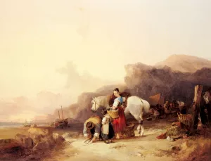 Beach Scene with Fisherfolk by William Joseph Shayer, Snr. Oil Painting