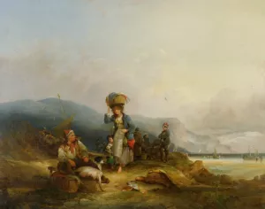 Fisherfolk and Their Catch by the Sea by William Joseph Shayer, Snr. Oil Painting