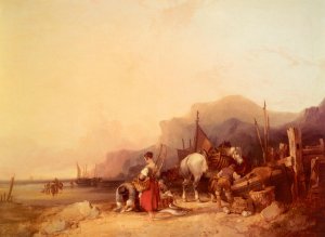 Unloading the Catch, near Benchurch, Isle of Wight by William Joseph Shayer, Snr. Oil Painting