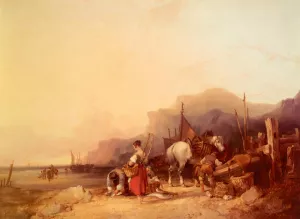 Unloading the Catch, near Benchurch, Isle of Wight by William Joseph Shayer, Snr. - Oil Painting Reproduction